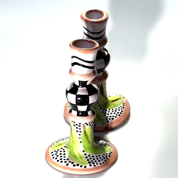 Hand-Painted Ceramic Candlestick Holders Pair With Unique Design - Picture 2 of 8